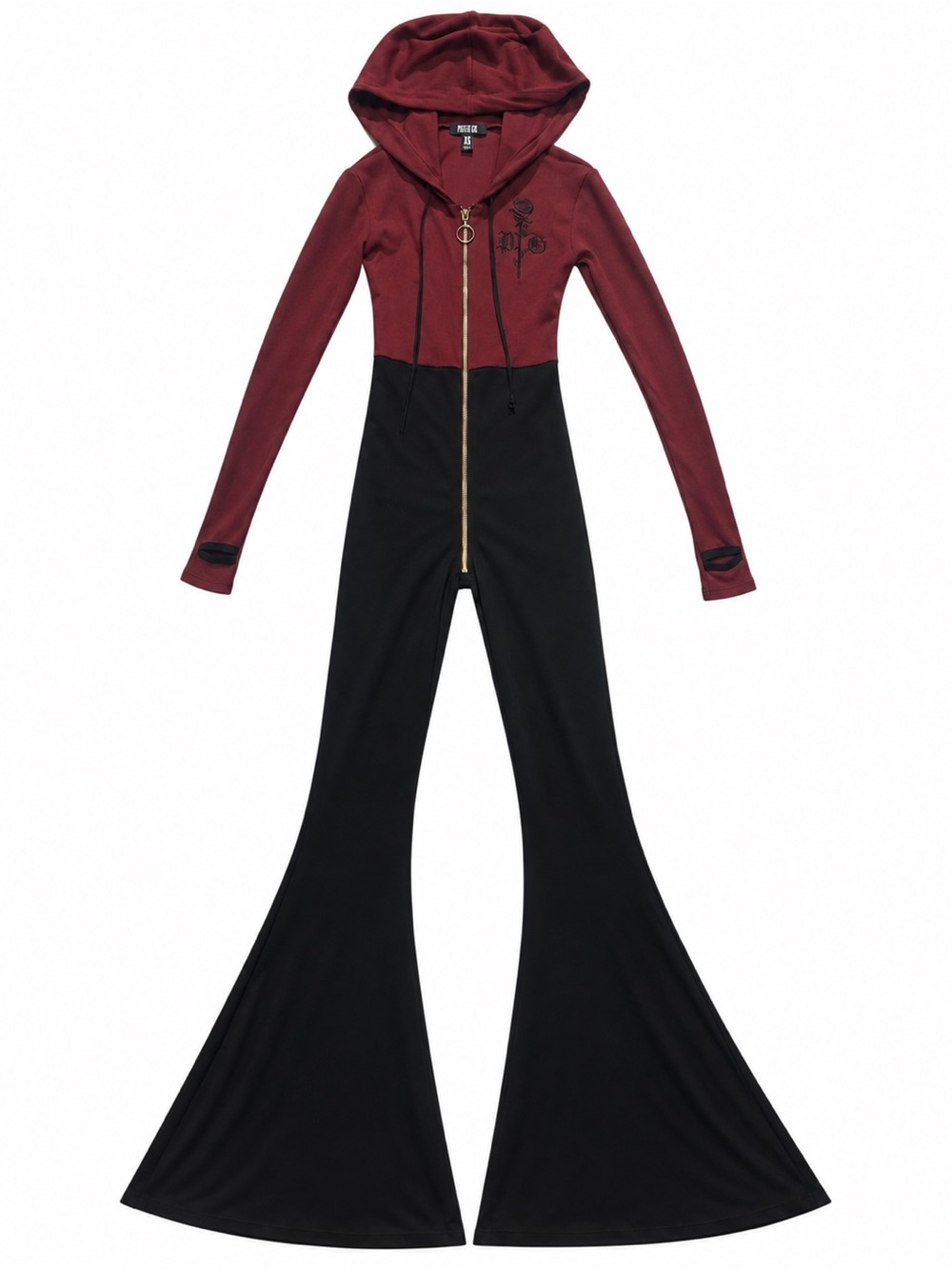 POSTER GIRL Burgundy and Black Hooded Flared Jumpsuit